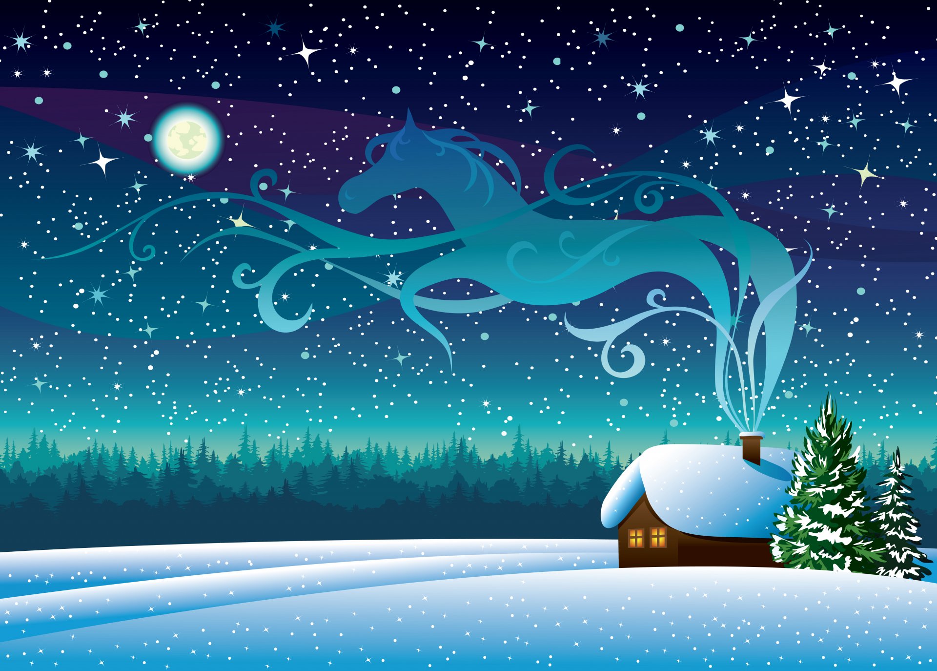 winter snow house tree sky star moon smoke