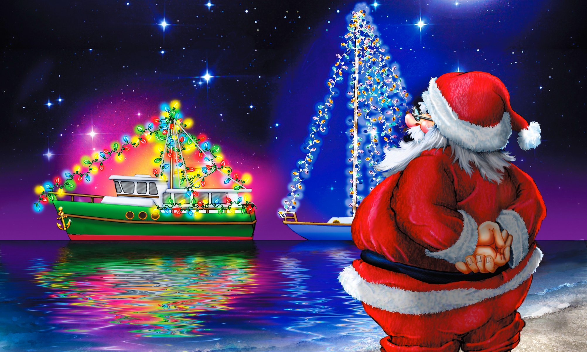 happy new year new year santa claus yacht lights sky star reflection beach