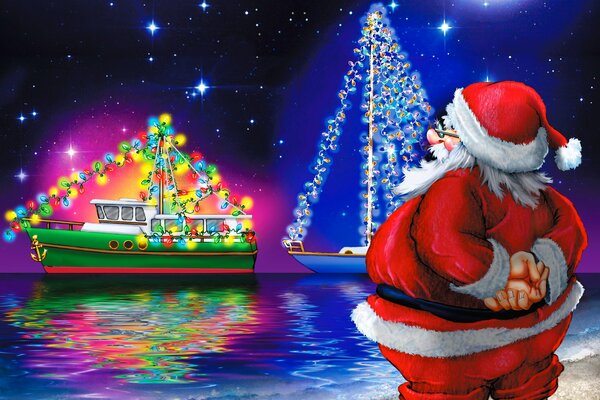 Santa Claus looks at yachts decorated with a garland on the eve of the new year