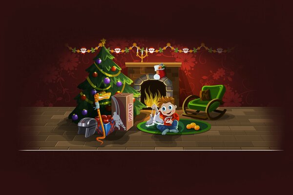 Garçon assis près de la cheminée et décoré avec arbre de Noël
