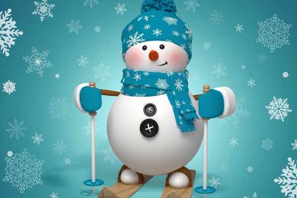 A snowman on skis is depicted on a blue background with snowflakes