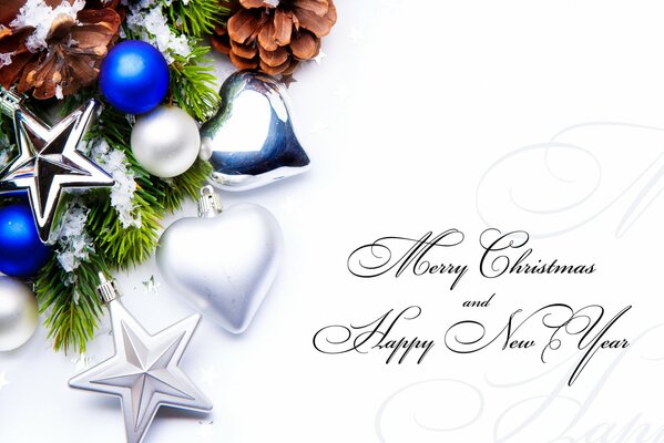 Grußkarte Frohes neues Jahr und frohe Weihnachten mit Kugeln und Dekorationen