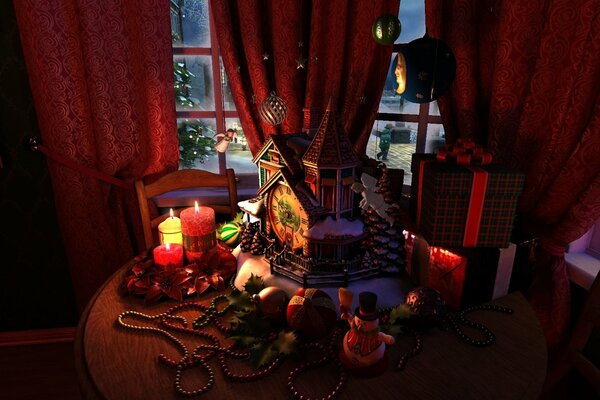 Table with Christmas decorations and gifts