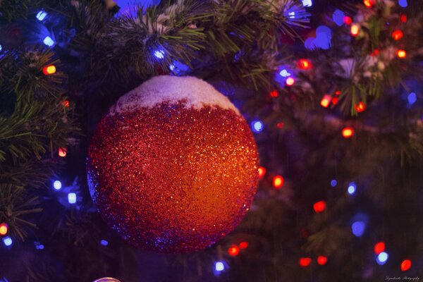 Rote Weihnachtskugel mit Schnee am Weihnachtsbaum