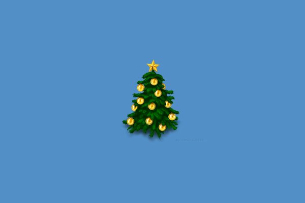 Christmas tree with golden balls and a star on top on a blue background