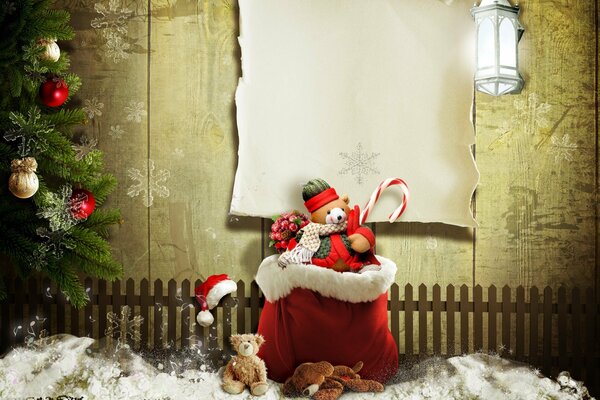 Die Fichte steht in Ornamenten, die Tasche ist voller Geschenke im Schnee mit Teddybären