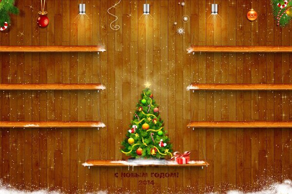 Elegant Christmas tree on a wooden shelf