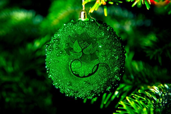 Green New Year s ball on the Christmas tree branch