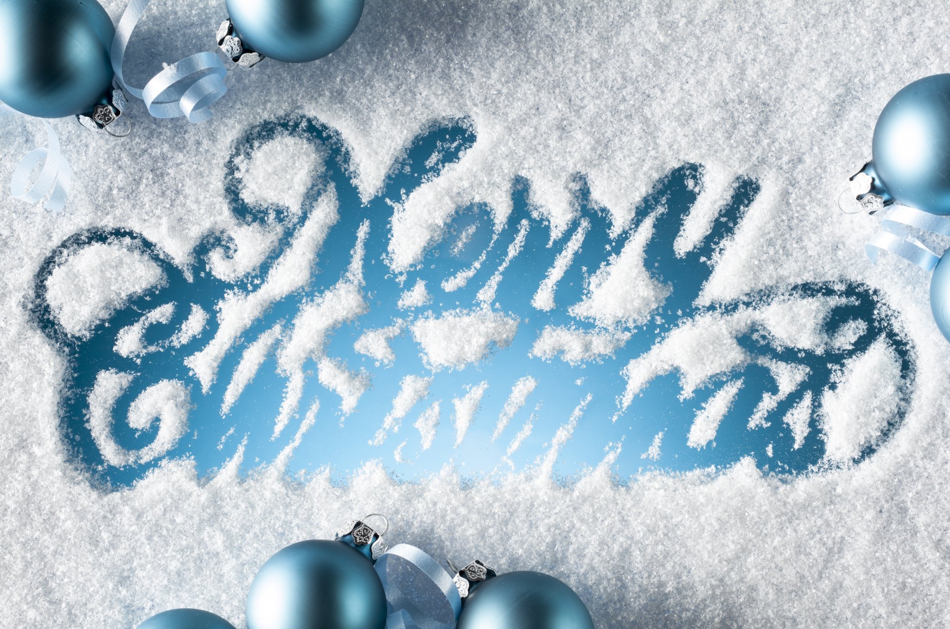 greeting merry christmas christmas holiday inscription balls blue snow