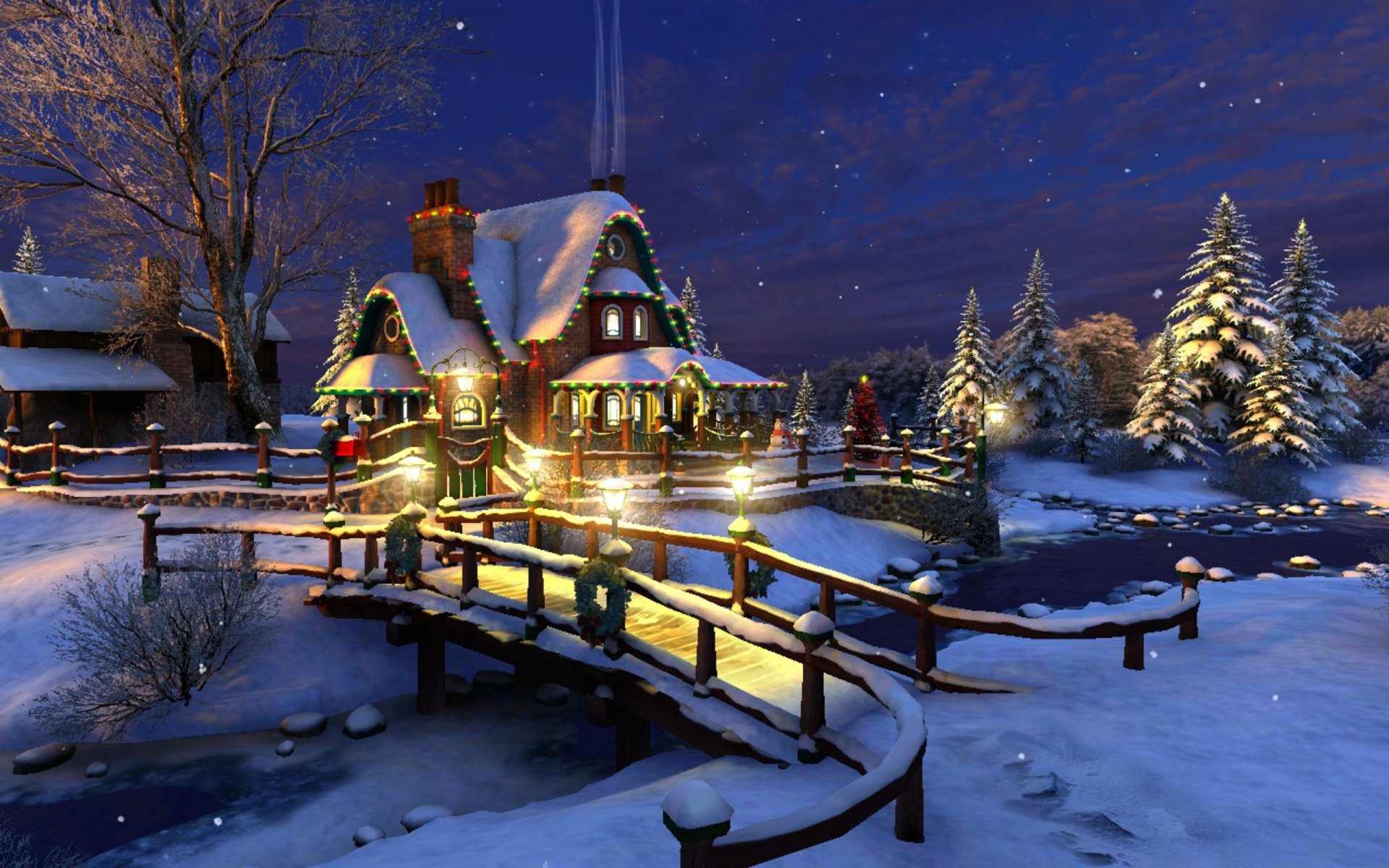 bridge to the cottage winter christmas night star cottage decoration christmas tree lights bridge lamps snow river creek spruce new year holiday painting