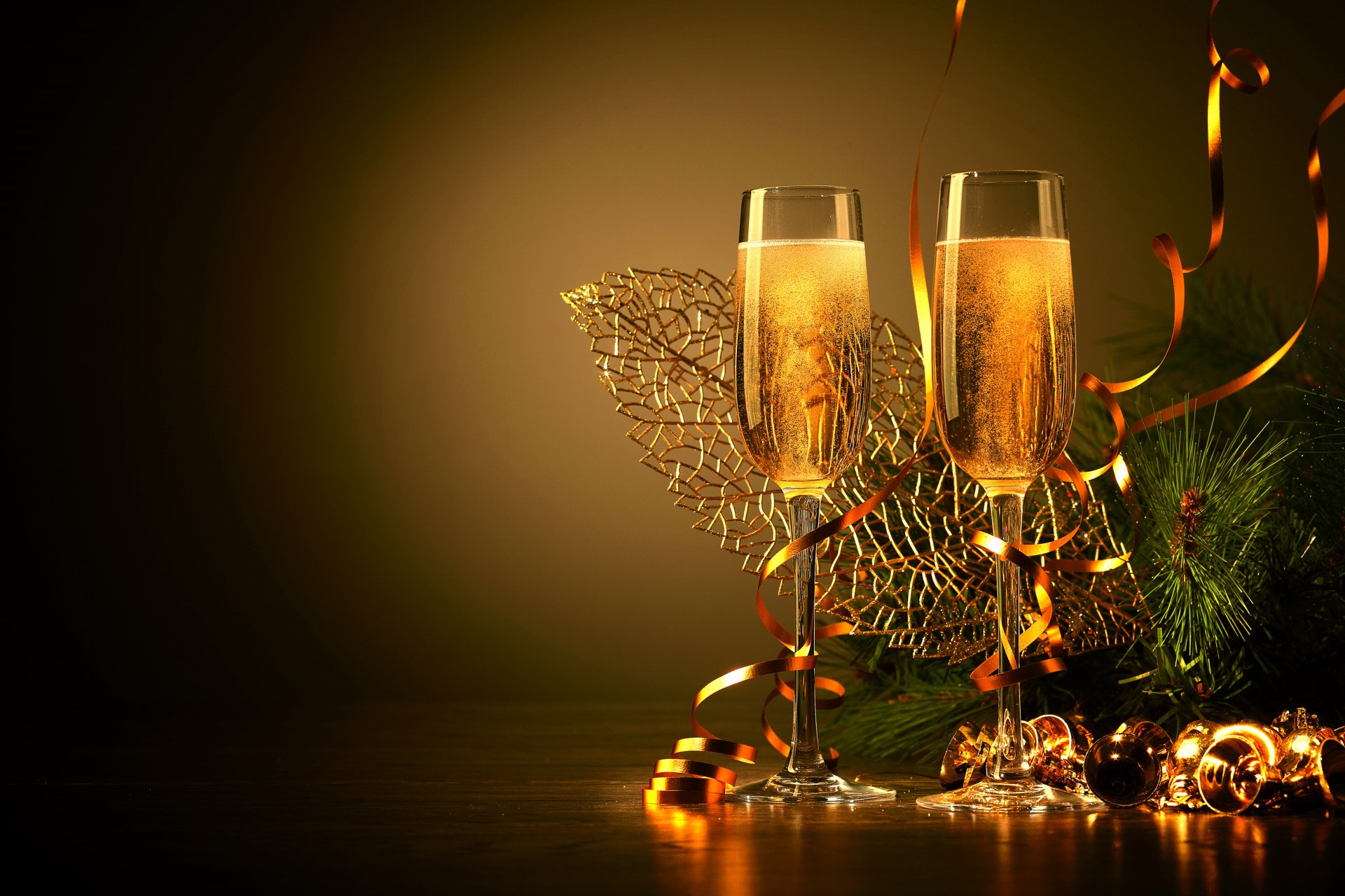 branches bells tinsel twilight glasses champagne drink