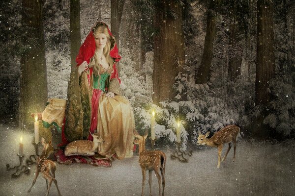 Kartka świąteczna z panią Mikołaj i reniferami