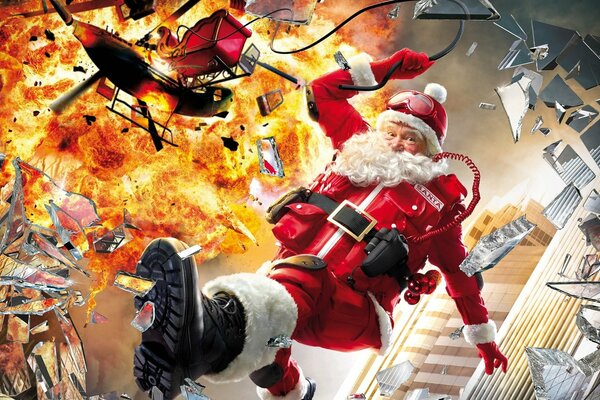 Père Noël drôle sur fond avec une explosion
