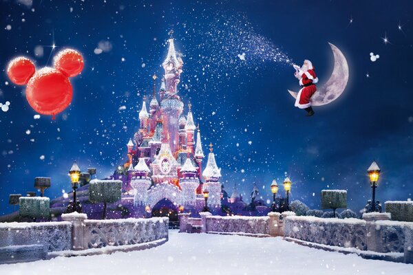 Babbo Natale sulla luna sopra Disneyland di Capodanno