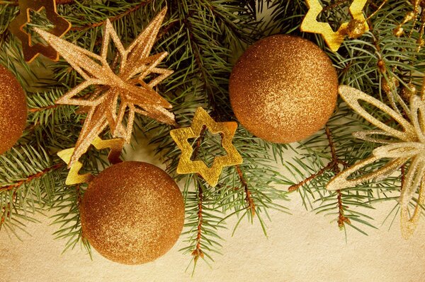 Golden Christmas balls and stars