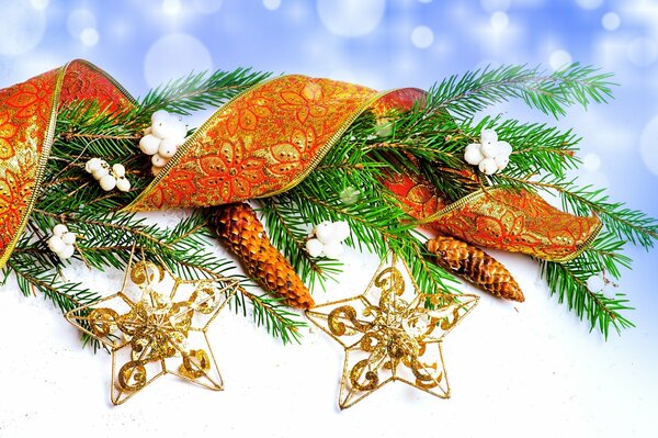 Elegant ribbon on a green Christmas tree