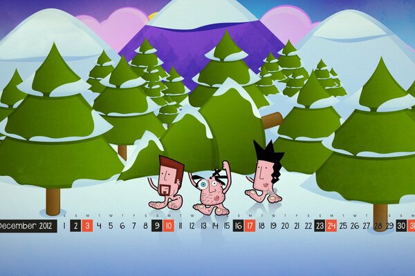 Kalender mit fröhlichen Männern im Wald