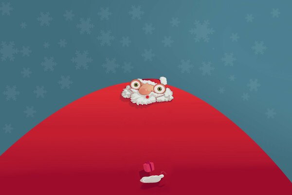 Santa Claus in a big red fur coat on a background of snowflakes