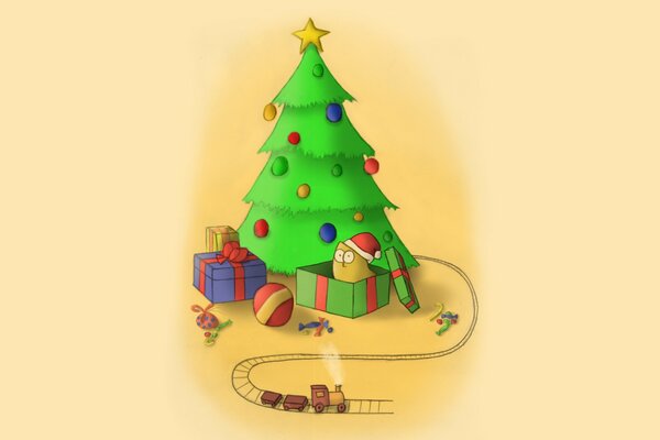 Drawing of a cat in a box under the Christmas tree