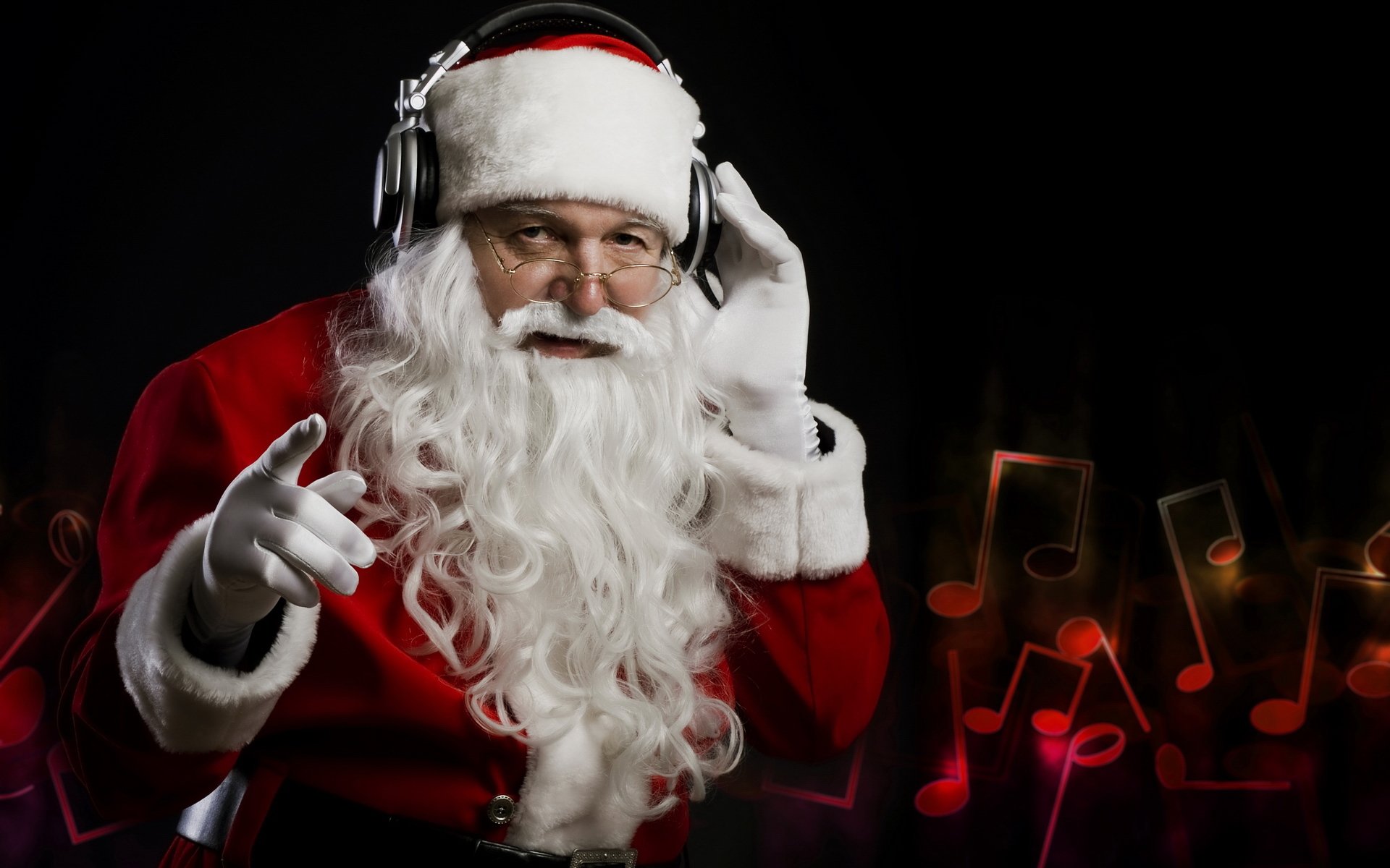 new year father christmas headphones listening to music notes dark background