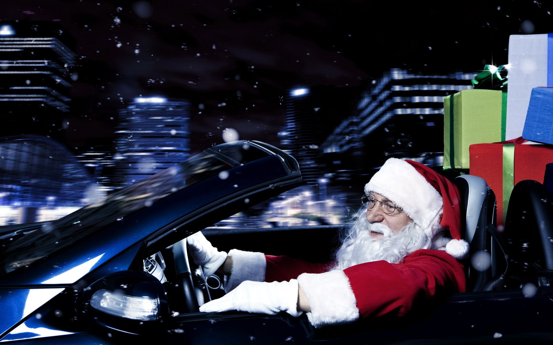 neujahr weihnachtsmann auto autofahrten schwarzer hintergrund geschenke