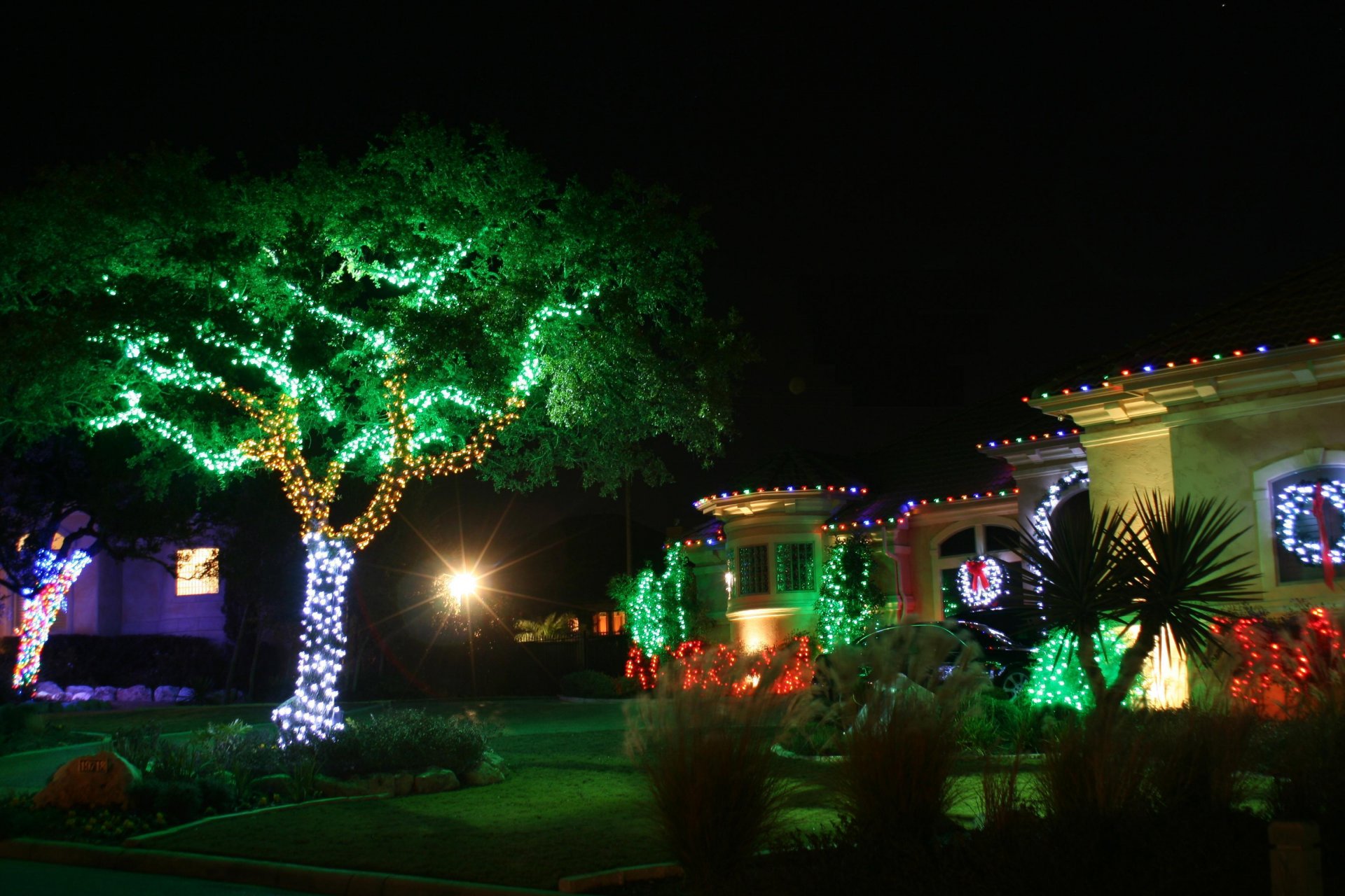 caldo di natale natale luci di natale verde casa paesaggio lanterne notte rosso alberi bianco decorazione cottage luci