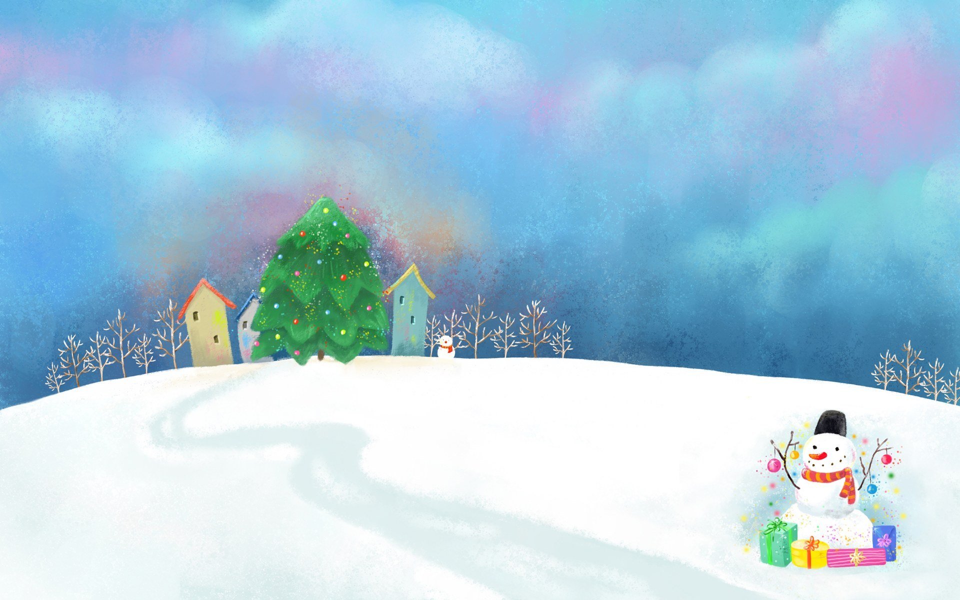 picture snowman gifts snow drifts decoration houses clouds path