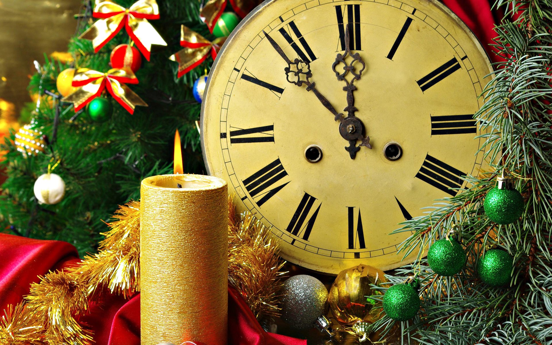 watches candle christmas decoration balls bows holiday at midnight