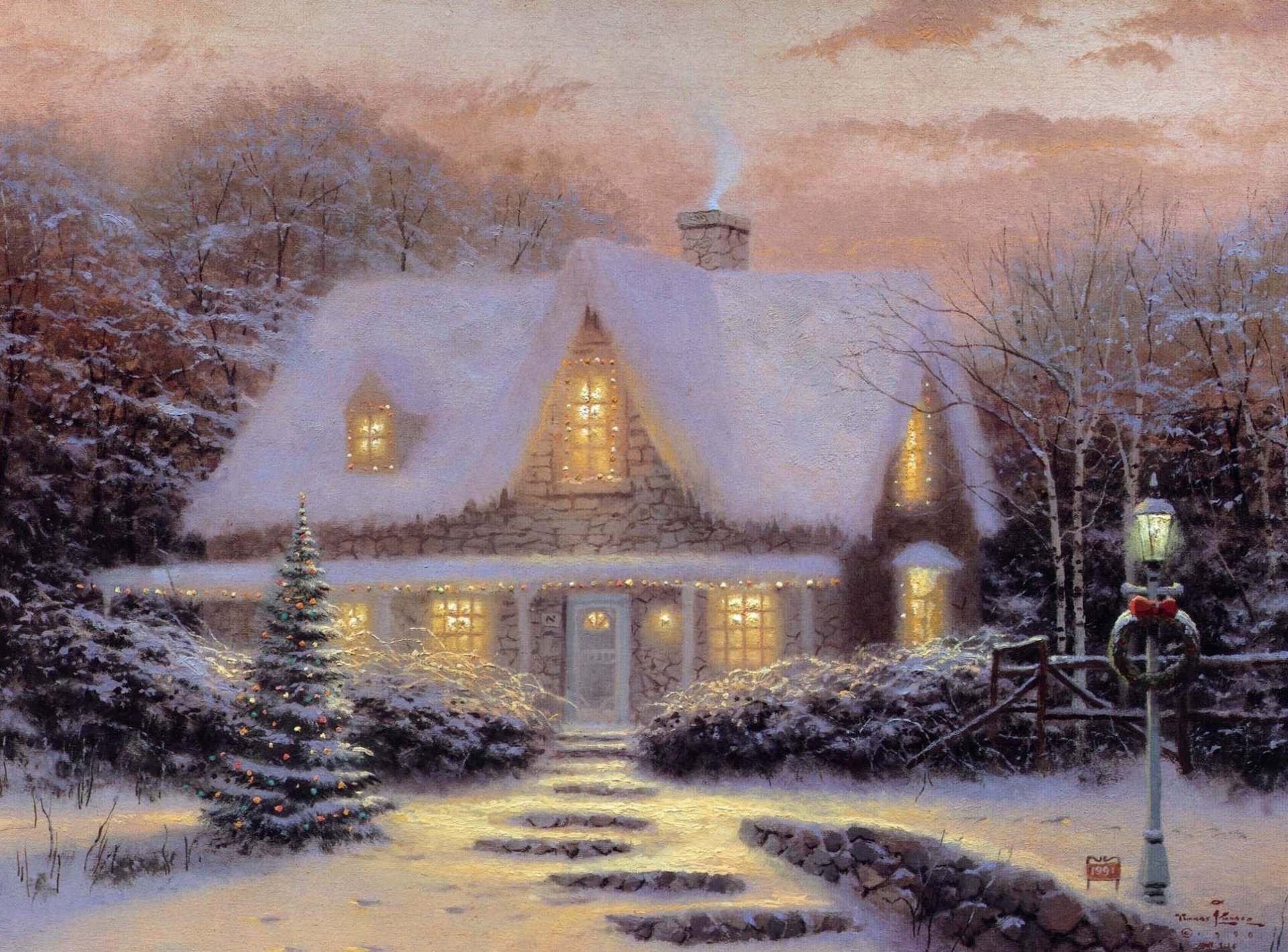 thomas kincaid natale cottage vigilia di natale kincaid lodge inverno sera albero di natale giocattoli tramonto