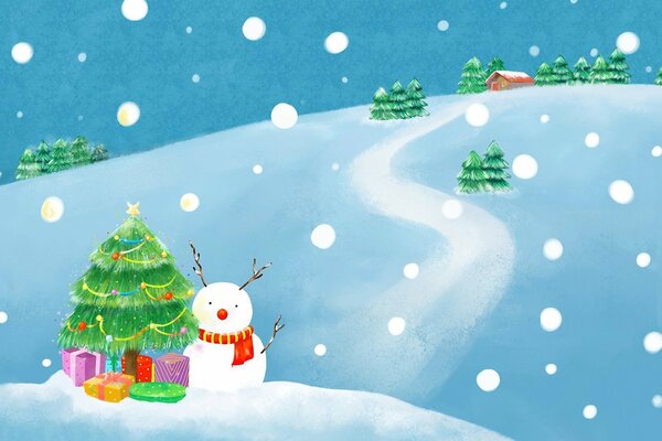 New Year s drawing. Snowman at the Christmas tree with gifts