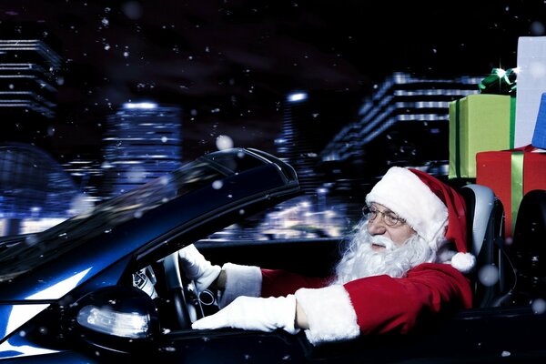 Santa Claus is driving a car with gifts