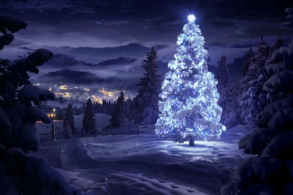 Glowing Christmas tree in the night forest