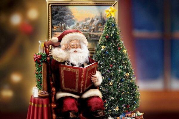 Święty Mikołaj siedzi na krześle przy choince