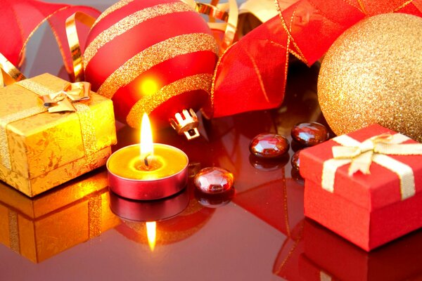 Gifts and New Year s toys in red and gold