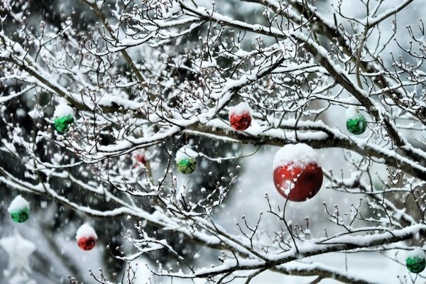 Winterwald im neuen Jahr auf den Bäumen Spielzeug