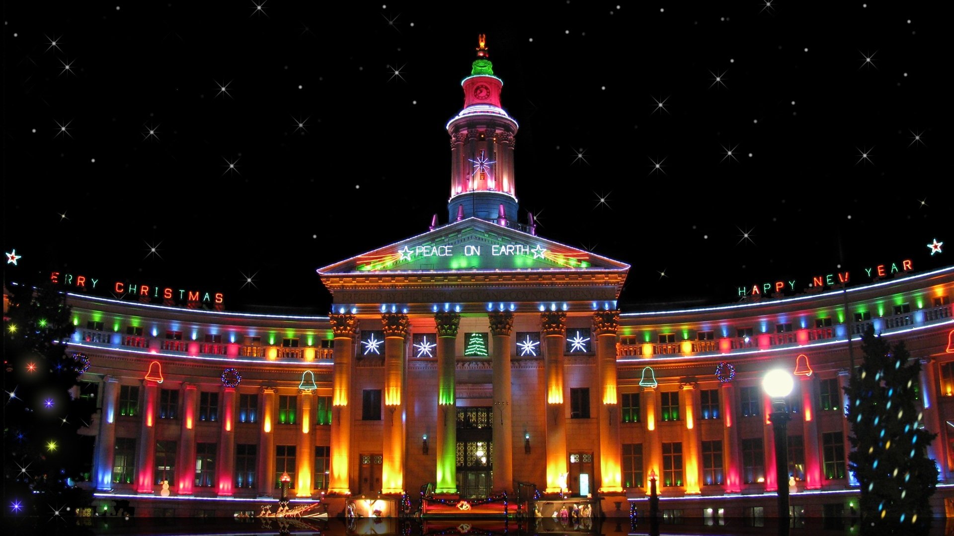 neujahr stadt gebäude wörter frohe weihnachten frohes neues jahr frieden auf erden denver usa mehrfarbig lichter nacht hintergrundbeleuchtung weihnachtsbaum turm uhr