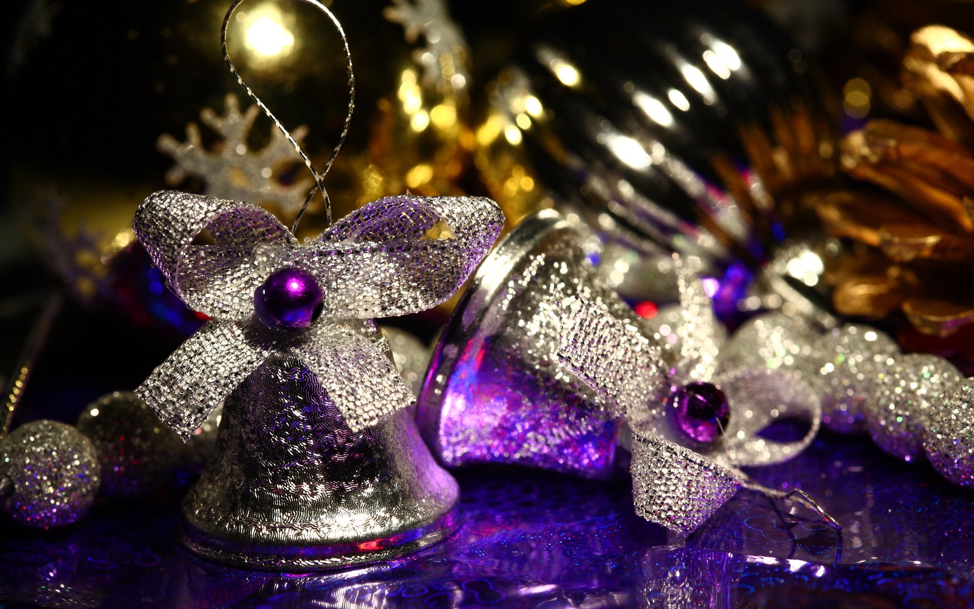 holiday new year purple bells silver bows christmas decorations close up