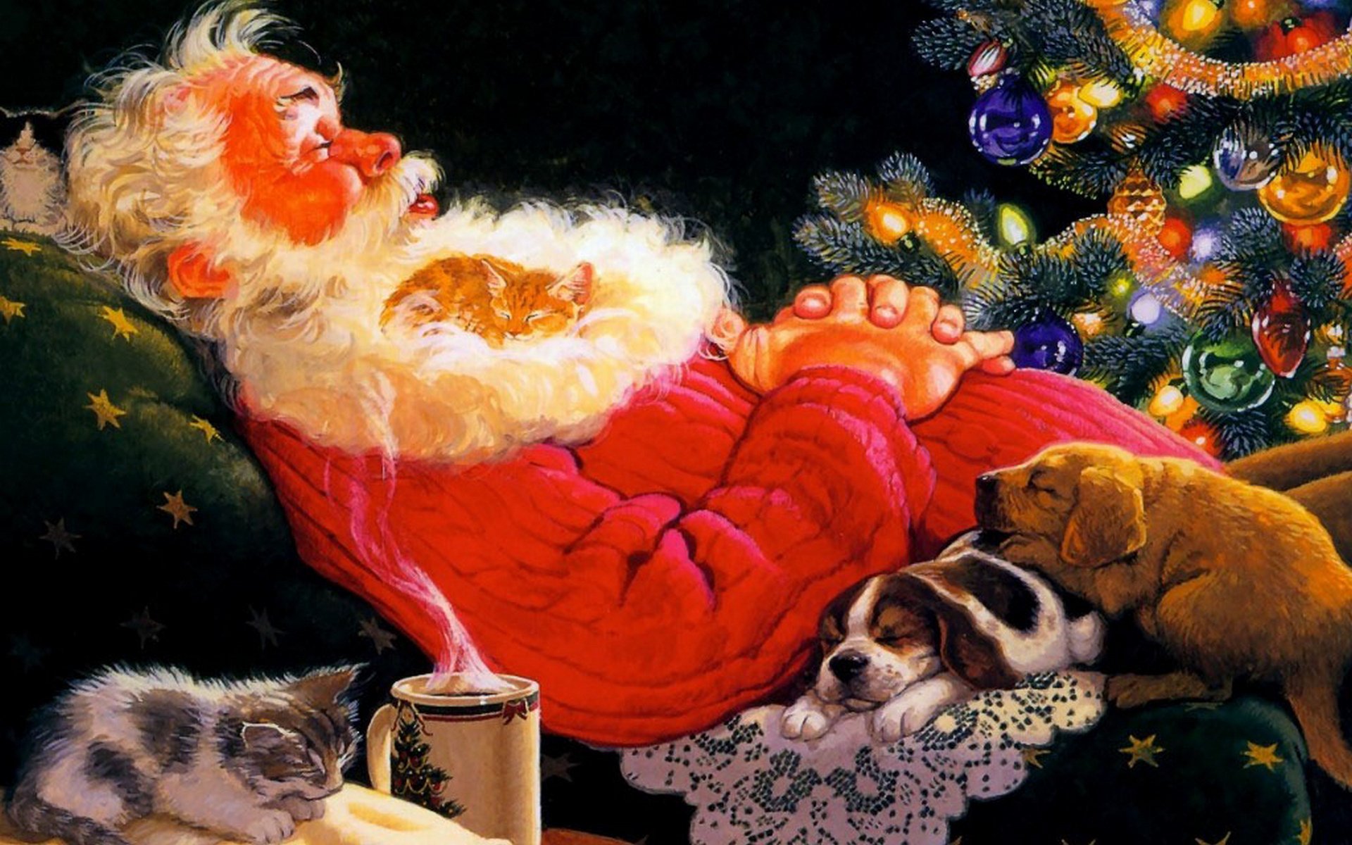 papá noel durmiendo tom newsom pintura dibujo silla gatitos gatitos cachorros perritos santa claus árbol de navidad taza parejas fondo negro