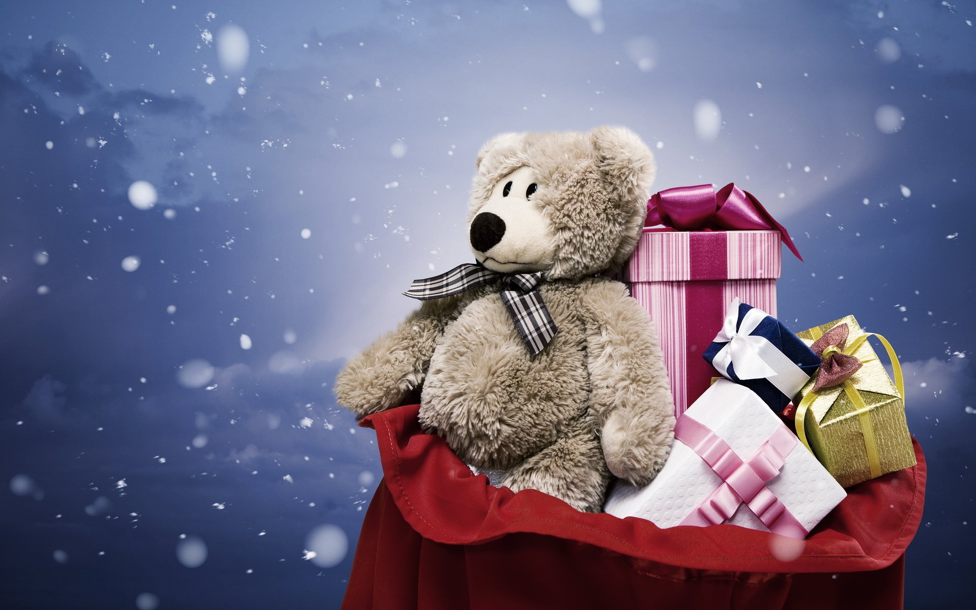 vacances nouvel an cadeaux boîtes emballage arcs jouet gris peluche ours en peluche sac neige ours cadeau