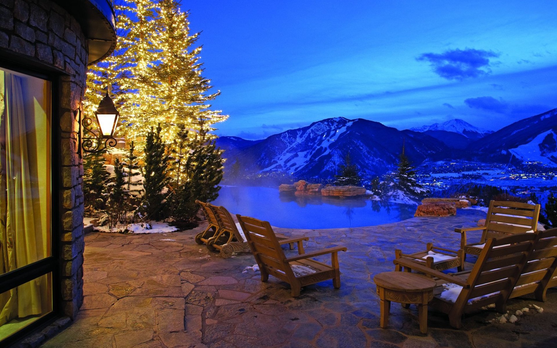 beautiful view winter lights snow villa house hotel veranda evening lantern furniture water pool mountains nature beautiful view winter