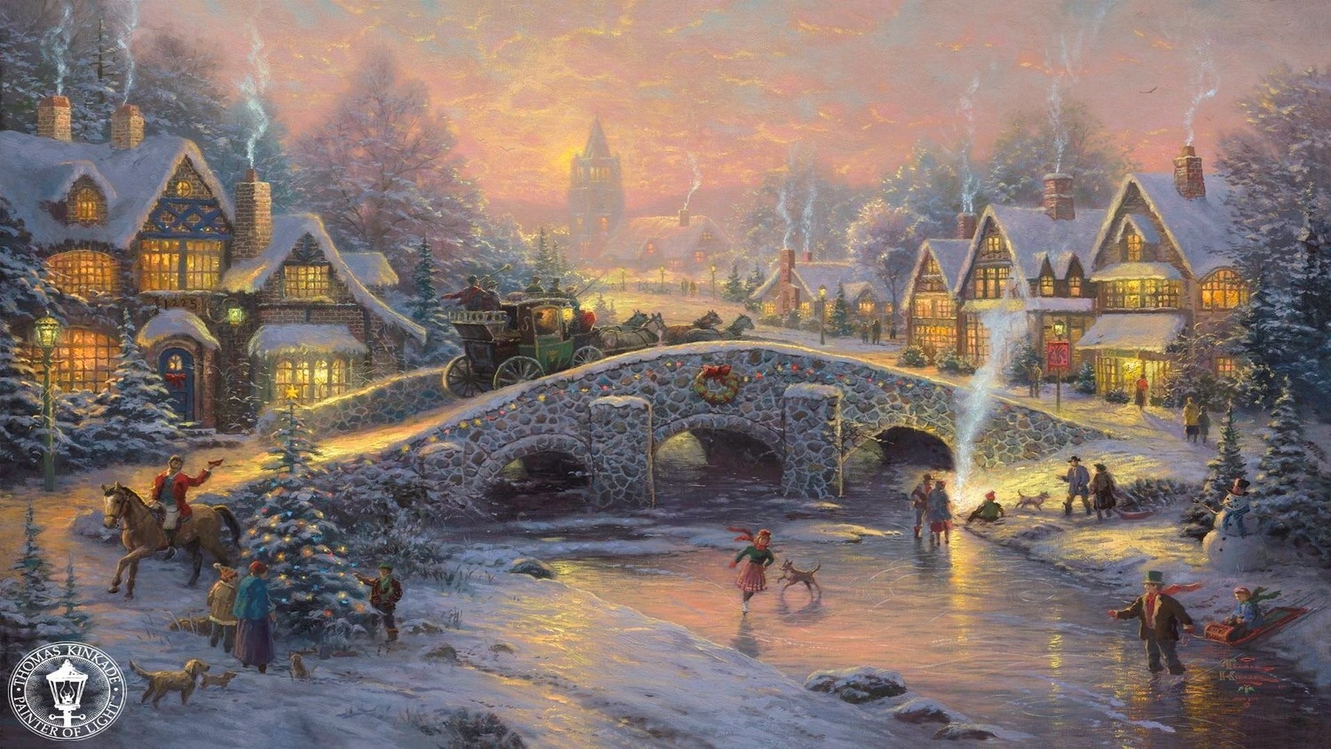 espíritu navideño thomas kinkade hermoso navidad pueblo pueblo puente carruaje real caballos pista de patinaje patines trineo elegante árboles de navidad vacaciones