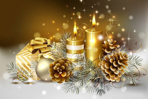 Beautiful Christmas background with candles and fir cones