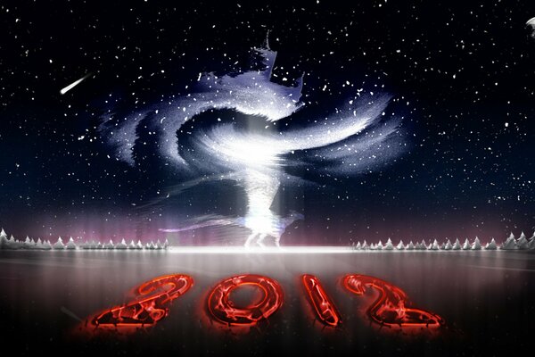 Imágenes de un nuevo año con números rojos de neón 2012 en el hielo contra el cielo estrellado