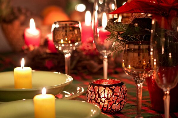 A set table with lots of candles