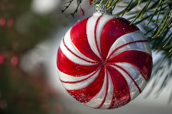 Rot-weißes Weihnachtsspielzeug am Weihnachtsbaum