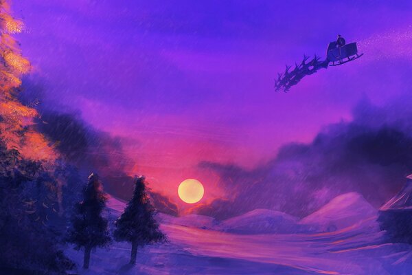 Zachód słońca, śnieg, choinki i niebo malowane farbami