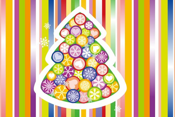 Christmas tree made of lollipops on a bright striped background