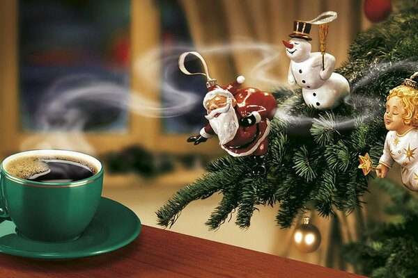 Noworoczna filiżanka kawy. aniołki bożonarodzeniowe