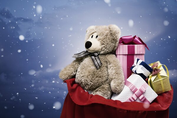 A bag of gifts with a big bear