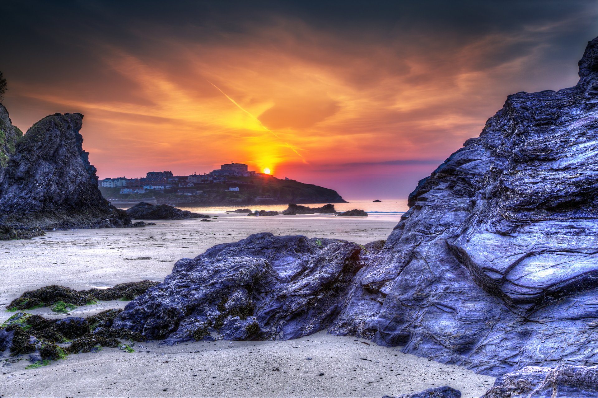 newquay inglaterra gb playa acantilados naturaleza puesta de sol mar